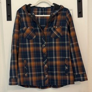 Kuhl Blue and Orange Plaid Kleo Hooded Shirt Jacket